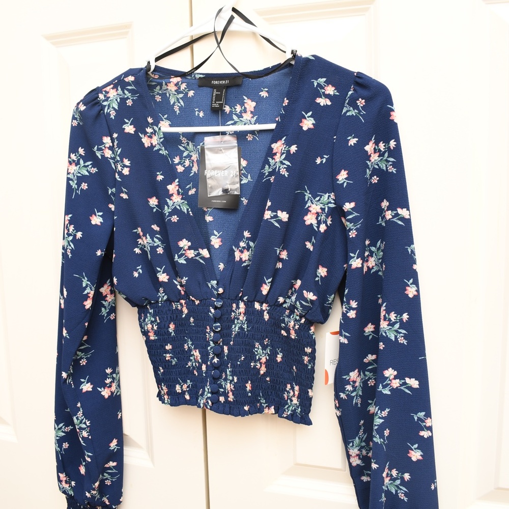 F21 Navy Blue Floral Blouse